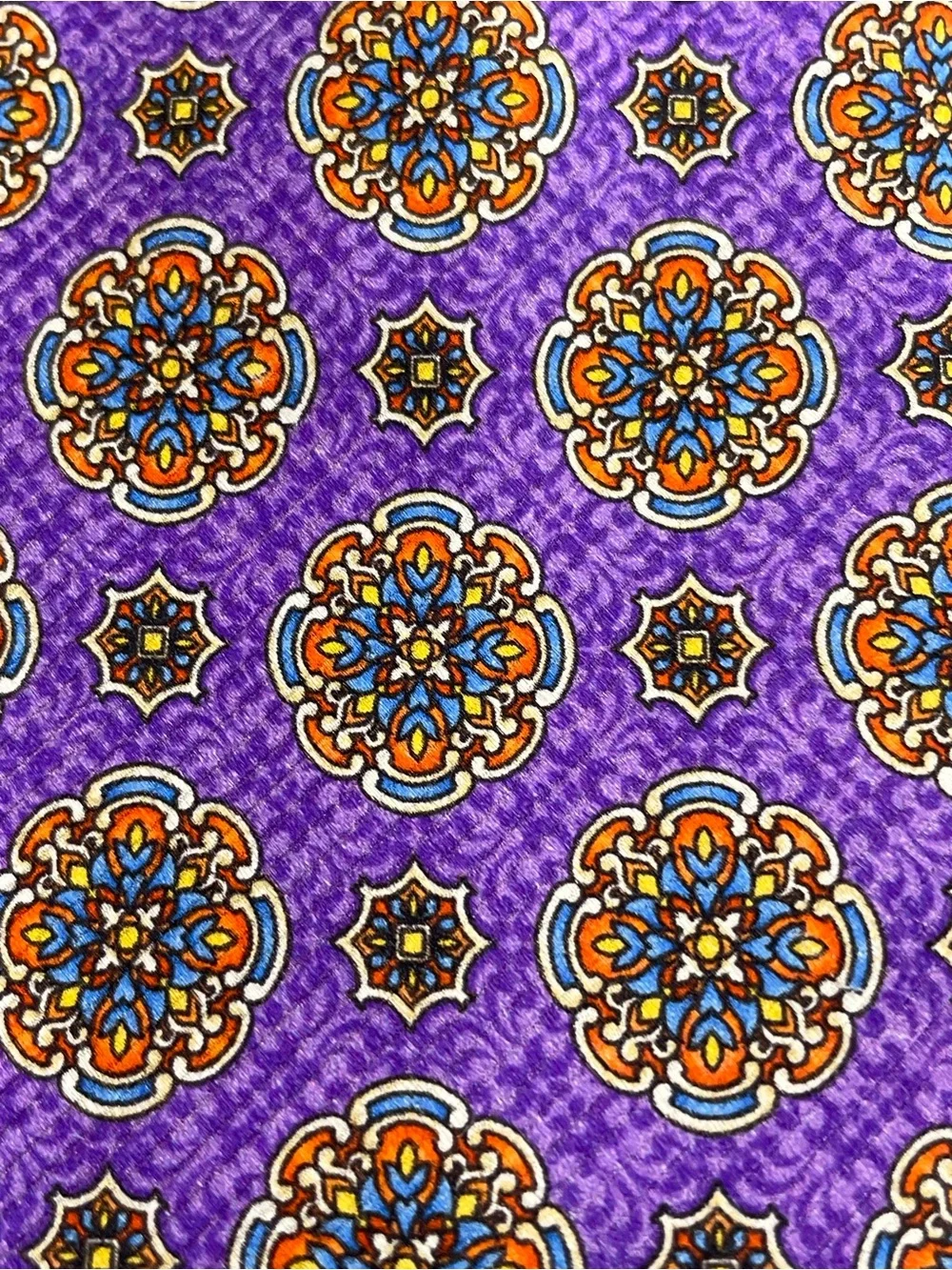 David Donahue Purple Medallion Silk Tie with Orange and Blue Accents
